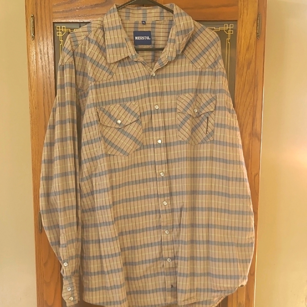 Resistol Casual Button Down Shirt Blue and Tan Western Pearl Snap